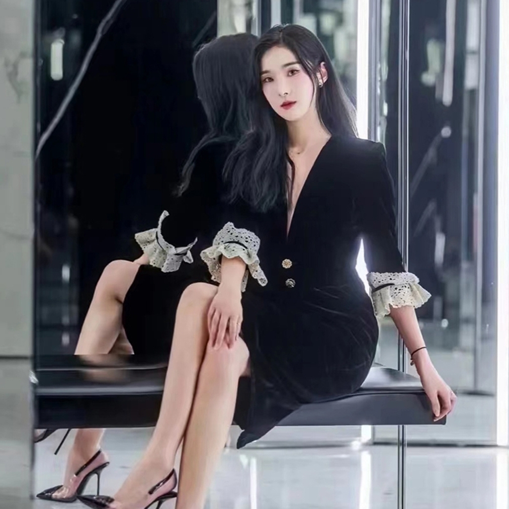 Womens v-neck three quarter sleeve dress velvet fabric sexy knee length vestidos SMLXL