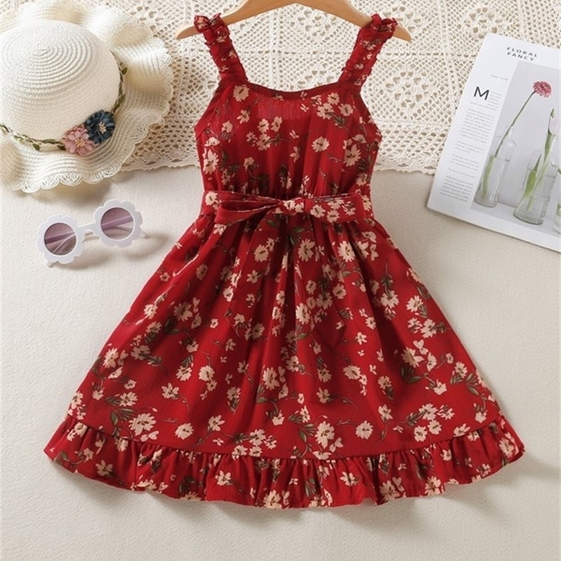 Toddler Girls Floral Print Ruffle Hem Belted Cami Dress SHE