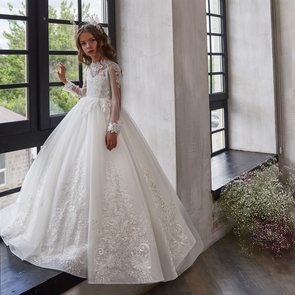 White wer Girls Dresses Long Sleeve Sequin Button Back Kids Communion Gown ral Appliques Child Birthday Party Dress 326