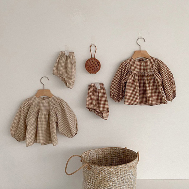 Baby Girls Suit Clothes Little Plaid Infant Set Puff Sleeve Blouse Bloomer 2pcs Toddler 220509