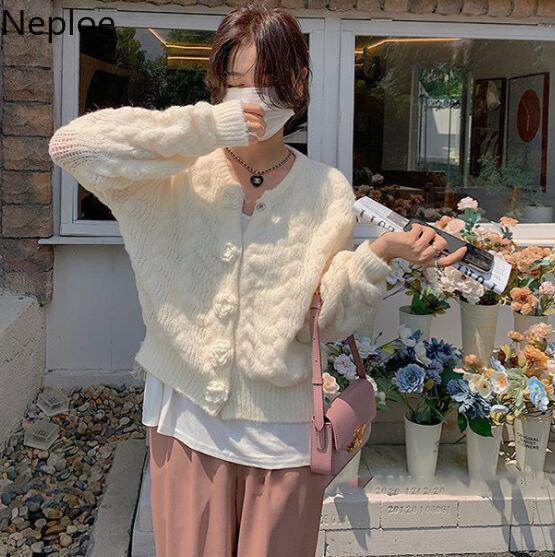 Women's Sweaters Neploe Cropped Sweater Korean Cardigan Crop Top Fashion Sueter Coat Crochet Flower Cardigans Women Knit Pull Femme 221018