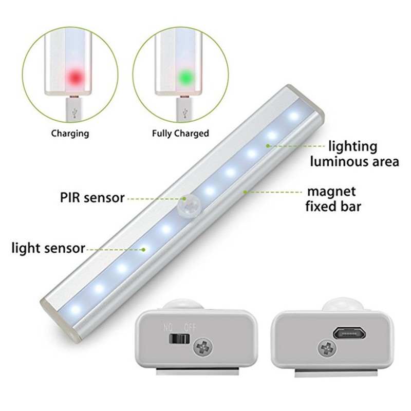 Motion Sensor Night Lights 10 LED Rechargeable Stick On Anywhere Magnetic LED light Bar for Under Cabinet Closet Hallway Stairway