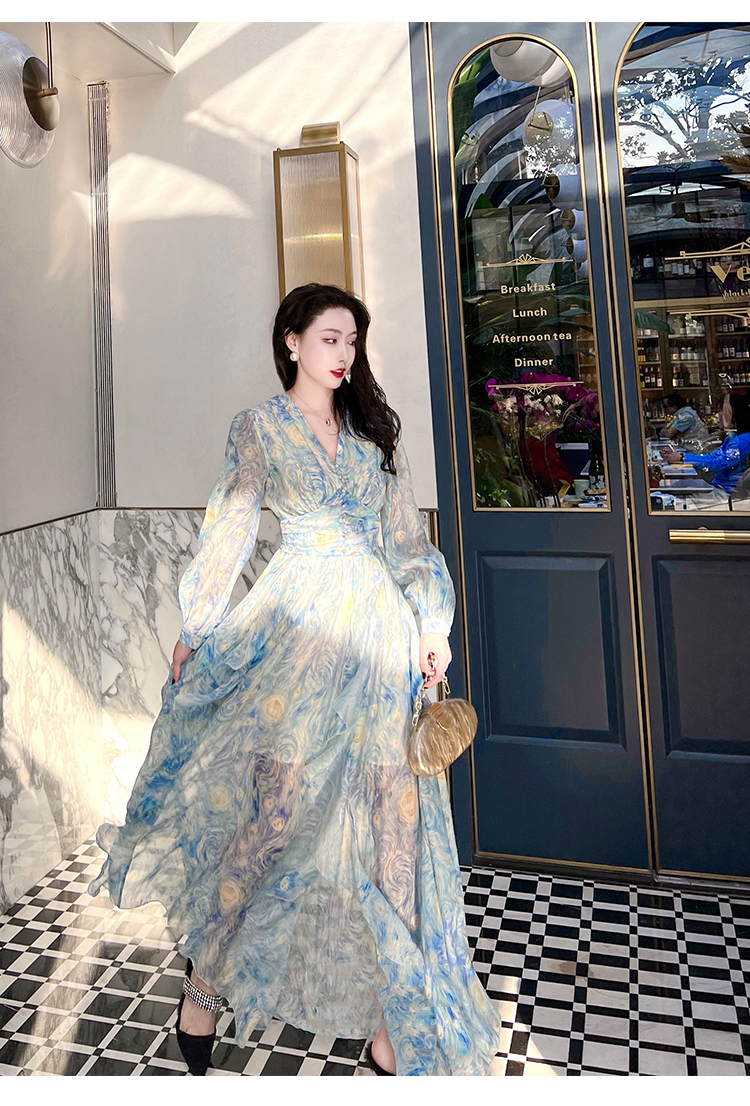 Casual Dresses Tingfly Button Decor Artistic Van Gogh Starry Painting Print Flowy Long Party Dinner Women Ruffles Vintage Robes 221018