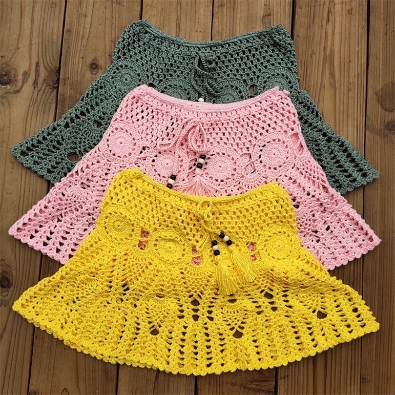 8 Color Hand Crochet Florens Skirt Women Sexy Beach cover up Boho Style elastic waistband 220618