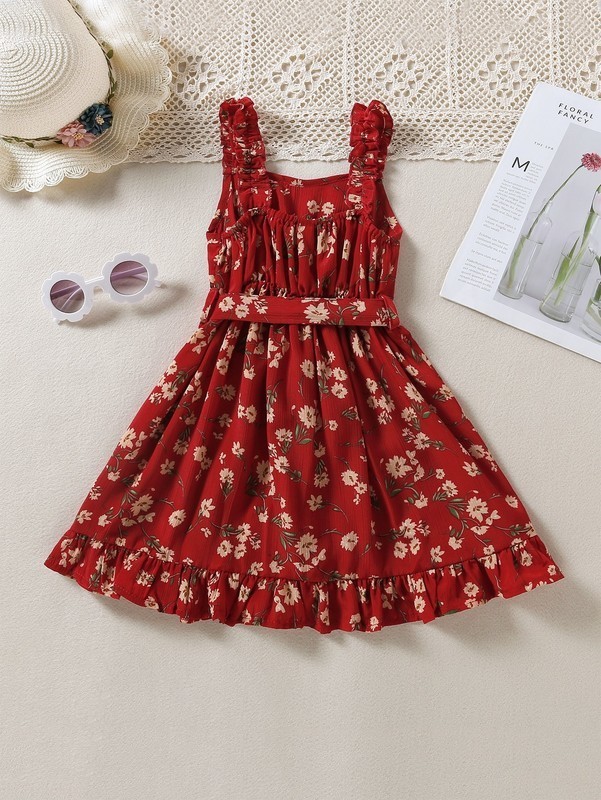 Toddler Girls Floral Print Ruffle Hem Belted Cami Dress SHE