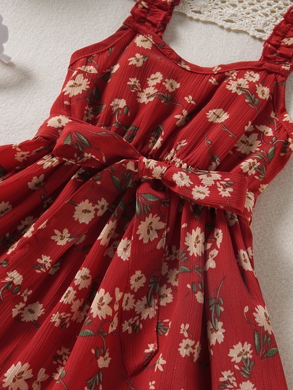 Toddler Girls Floral Print Ruffle Hem Belted Cami Dress SHE