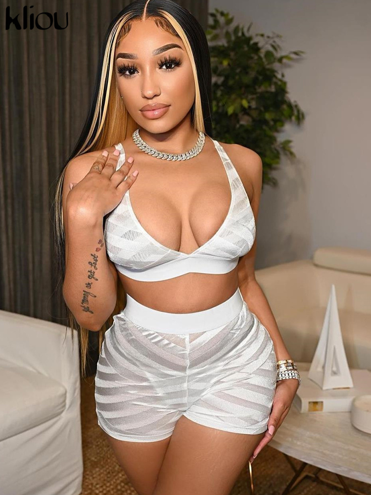 Kliou Mesh Patchwork Two Piece Set Women Sexy Solid Deep VNeck Crop Tops See Through High Waist Skinny Female Matching Shorts 220512