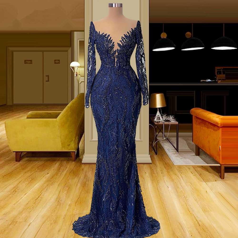 Unique Navy Blue Mermaid Prom Dresses Lace Beaded Party Dresses Long Sleeves V Neck Custom Made Evening Dress