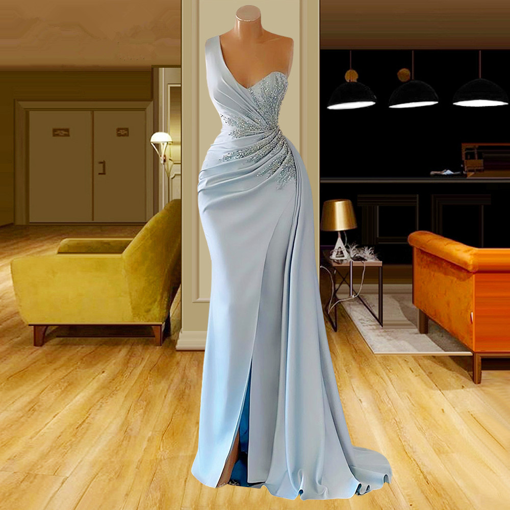 Sky Blue Mermaid Satin Prom Dresses One Shoulder Split Party Dresses Beaded Pleats Custom Made Evening Dress
