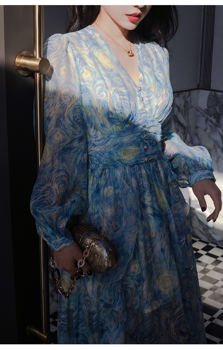 Casual Dresses Tingfly Button Decor Artistic Van Gogh Starry Painting Print Flowy Long Party Dinner Women Ruffles Vintage Robes 221018