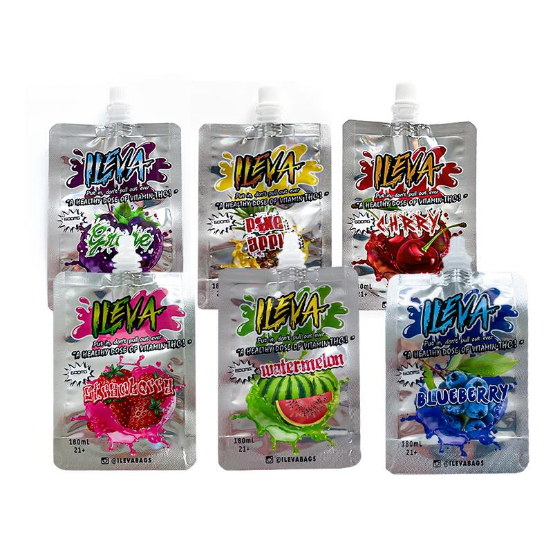 ILEVA 600mg nozzle juice edible packaging bags with bottle cap blueberry watermelon cherry grape 180ml infused beverage liquid spout top sme
ILEVA 600mg nozzle juice edible packaging bags with bottle cap blueberry watermelon cherry grape 180ml infused beverage liquid spout top sme