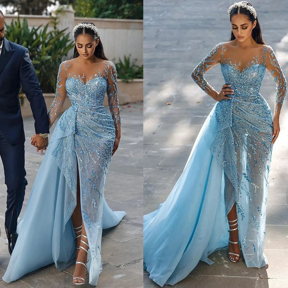 Sky Beaded 2023 Blue Prom Dresses Scoop Neck Long Sleeves Sequins Sweep Train Side Slit Custom Made Ruched Evening Party Gowns Vestidos Formal Ocn Wea