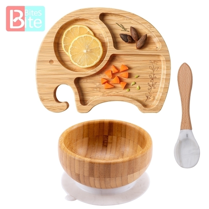 3PCS/SET Baby Bamboo Feeding Bowl Plate Set Elephant Shaped Anti Slip Saucer Suction Children's Tableware for Baby Birthday Gift 220512