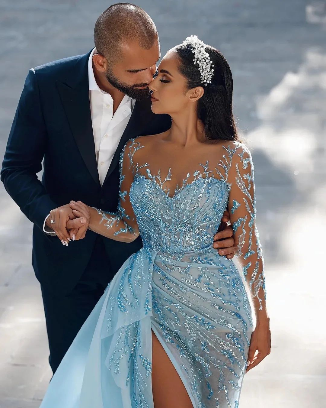 Sky Beaded 2023 Blue Prom Dresses Scoop Neck Long Sleeves Sequins Sweep Train Side Slit Custom Made Ruched Evening Party Gowns Vestidos Formal Ocn Wea