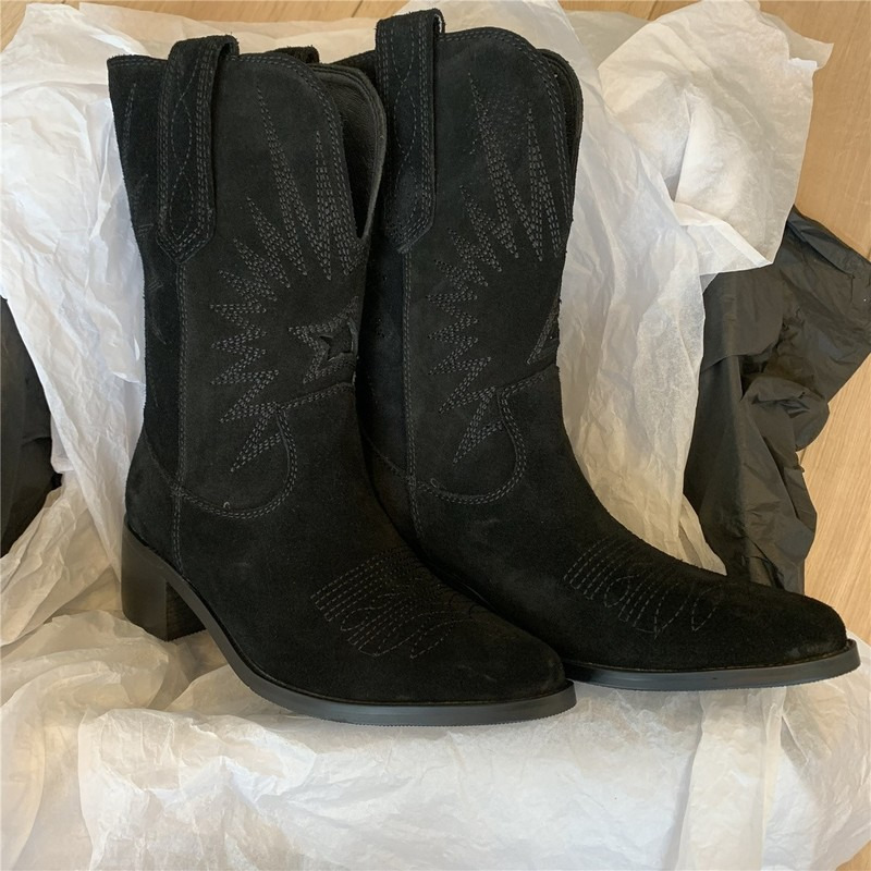 Boots Western Cowboy for Women Pointed Toe Women's Shoes Embossing Suede Mid-Calf Chunkys Heel 221017