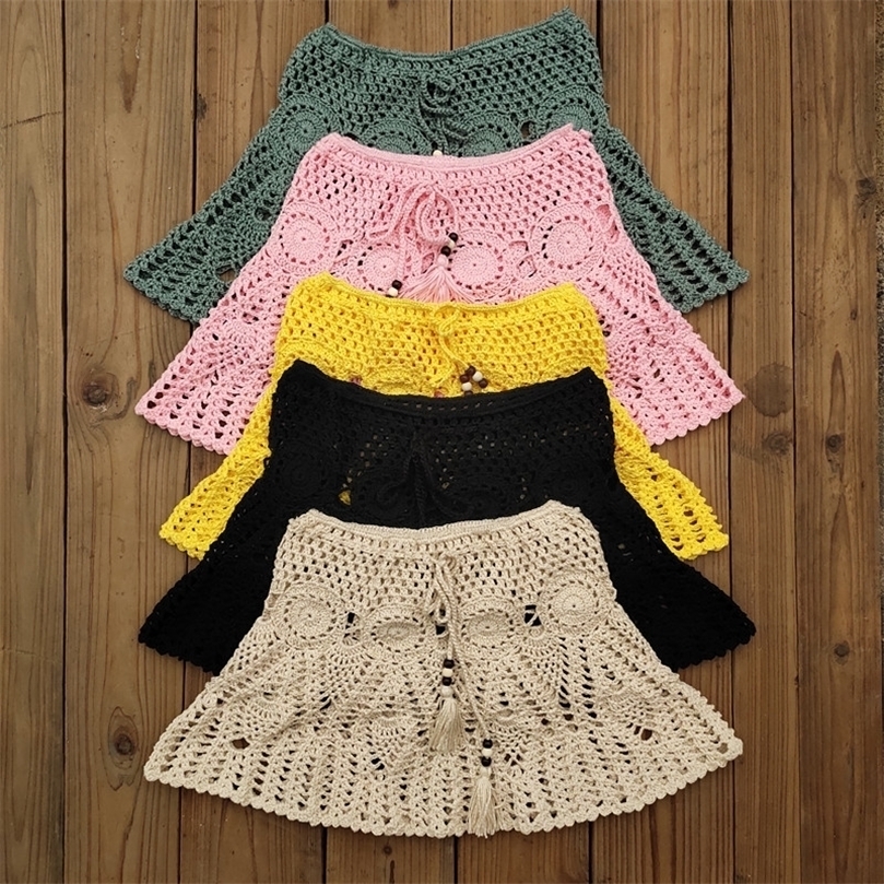 8 Color Hand Crochet Florens Skirt Women Sexy Beach cover up Boho Style elastic waistband 220618