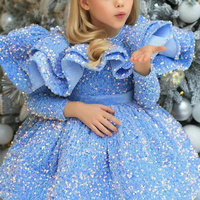 2023 Bling Beaded Crystal Flower Girls Dresses For Teens Tulle long train Christmas sequined Girl Pageant Party Gowns Tulle Skirt Formal Kids Wear