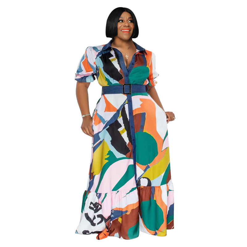 5XL Plus Size Shirt Dresses Women Fashion Print Short Sleeved Maxi Dress with Waistbelt Free Ship