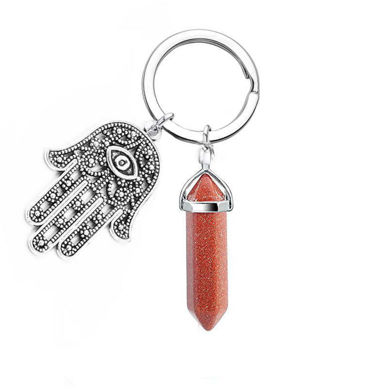 Natural Hexagonal Column Stone Keychain Key ring Fatima Evil Eye Palm Key Chain For Women Men