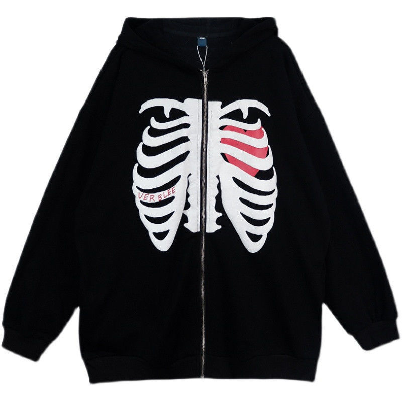 Skull Print Hooded Sweatshirt Women Y2K Fashion Anime Zipup Long Sleeve Hooded Jacket Harajuku Korean Style Gothic Streetwear 220816