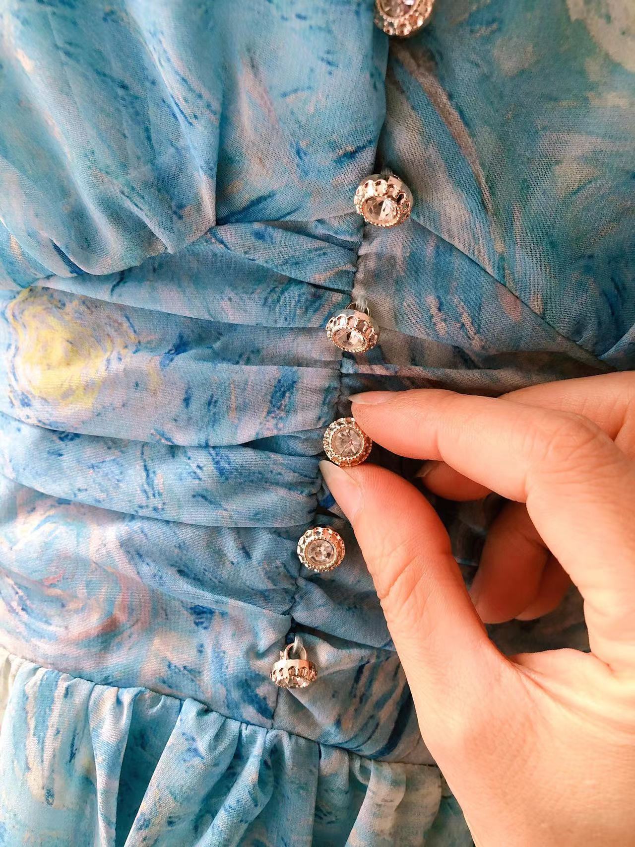 Casual Dresses Tingfly Button Decor Artistic Van Gogh Starry Painting Print Flowy Long Party Dinner Women Ruffles Vintage Robes 221018