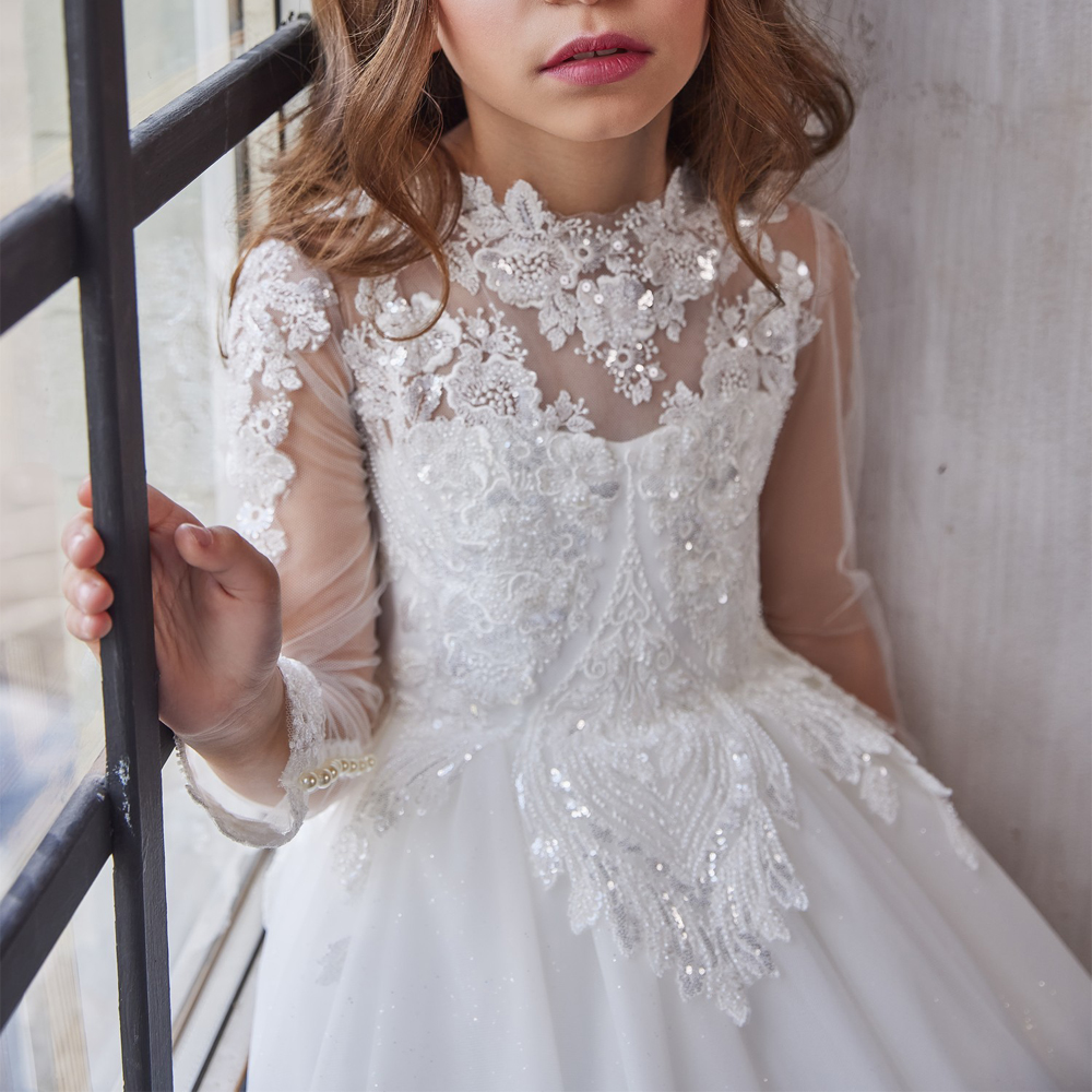 White wer Girls Dresses Long Sleeve Sequin Button Back Kids Communion Gown ral Appliques Child Birthday Party Dress 326