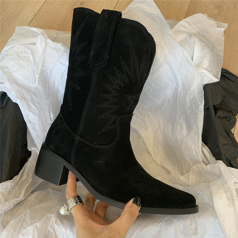 Boots Western Cowboy for Women Pointed Toe Women's Shoes Embossing Suede Mid-Calf Chunkys Heel 221017