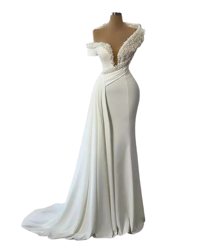 Pearls Beading Mermaid Wedding Dresses Elegant White Satin One Shoulder Peplum Bridal Gowns Rustic Second Reception Robes de Mariee