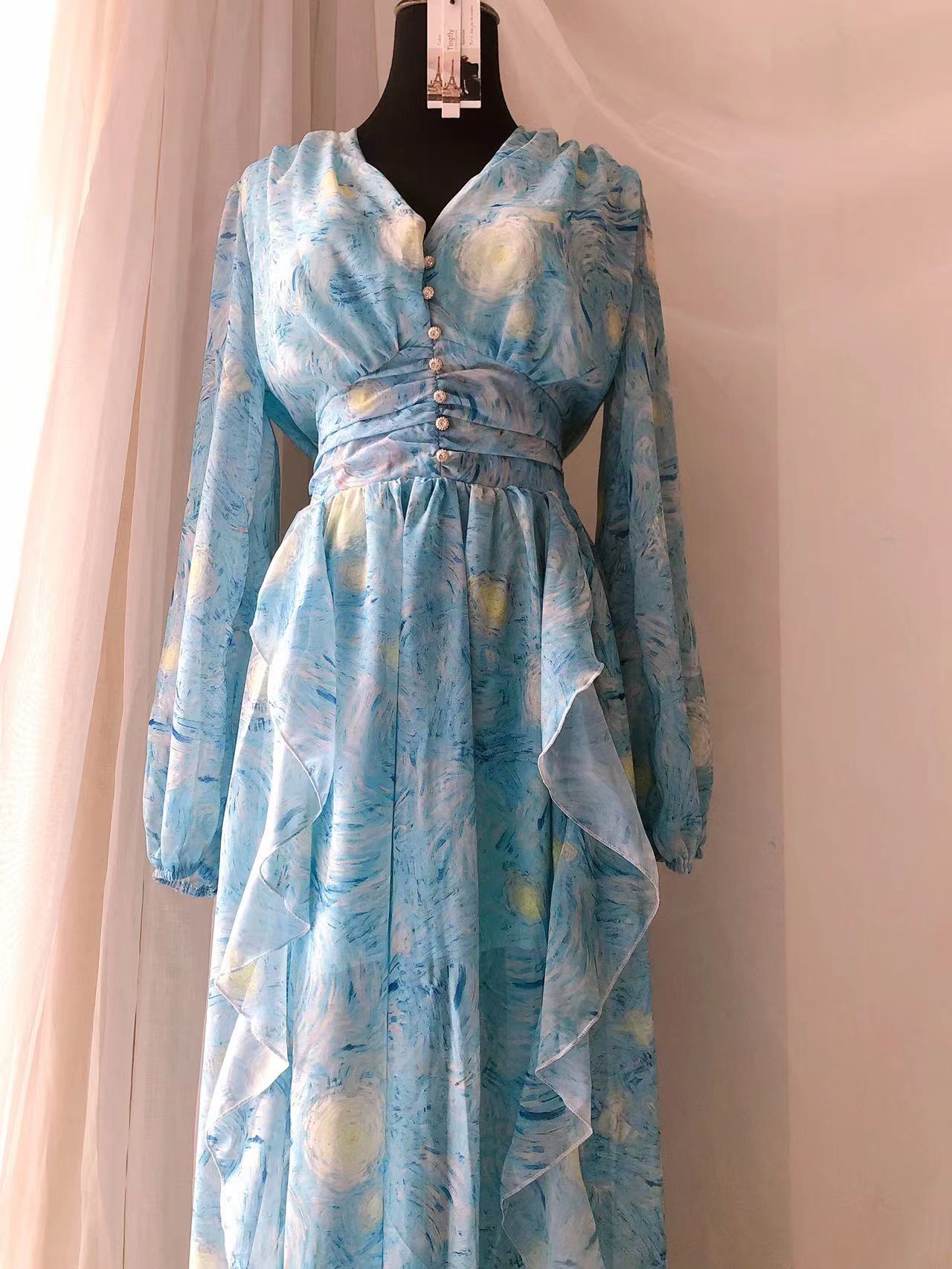 Casual Dresses Tingfly Button Decor Artistic Van Gogh Starry Painting Print Flowy Long Party Dinner Women Ruffles Vintage Robes 221018