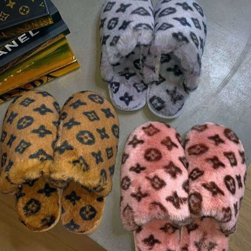 Slippers Oversized woolen shoes Baotou printed flat woolen slippers for women T221018, Grey