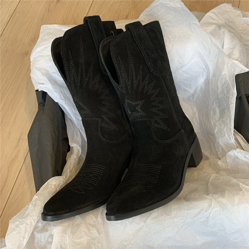 Boots Western Cowboy for Women Pointed Toe Women's Shoes Embossing Suede Mid-Calf Chunkys Heel 221017