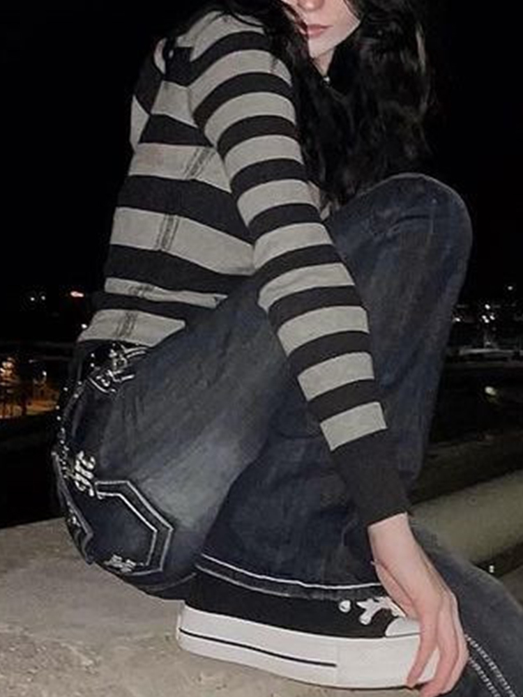 Retro Mall Goth Grunge Sweatshirts Women Y2K Striped Print Casual Hoodies Aesthetic 2000s Harajuku Fashion Shirts Cuteandpsycho 220816