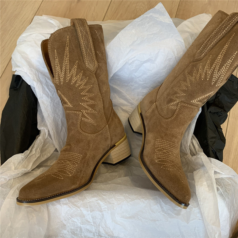 Boots Western Cowboy for Women Pointed Toe Women's Shoes Embossing Suede Mid-Calf Chunkys Heel 221017