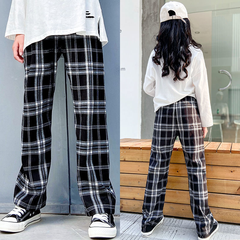 Plaid Pants For Girls Spring Summer Teens Trousers Long Casual Sport Pants Elastic Waist 12 13 14 Year Children's Wide Leg Pants 220512