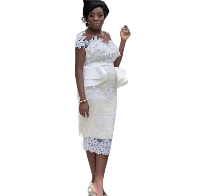 Plus Size Lace Mother Of The Bride Dresses Sheer Neck Appliques Short Sleeve Bridal Gowns Tea Length African 2023 Wedding Guest Dress