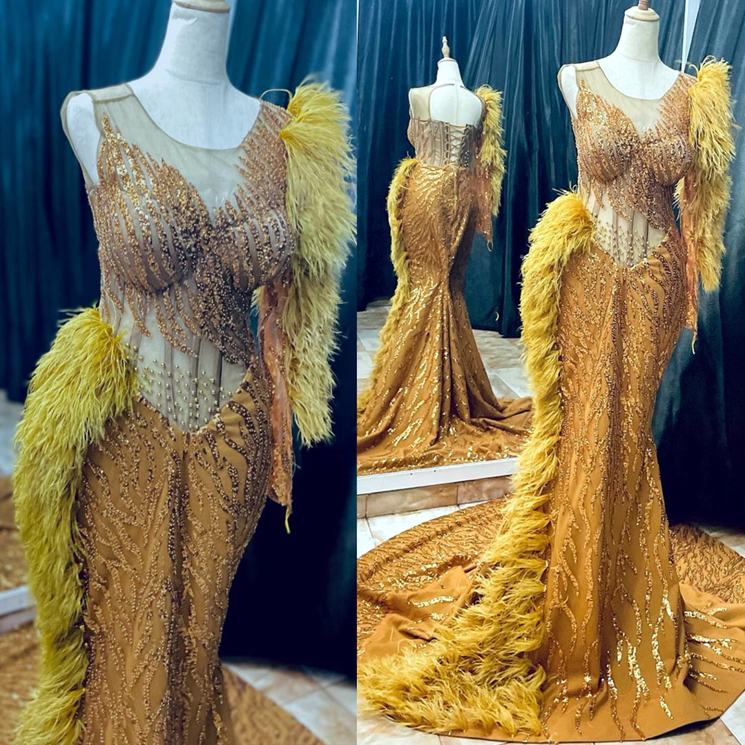 arabic aso ebi mermaid gold prom dresses sequined lace evening formal party second reception birthday engagement gowns dress zj732