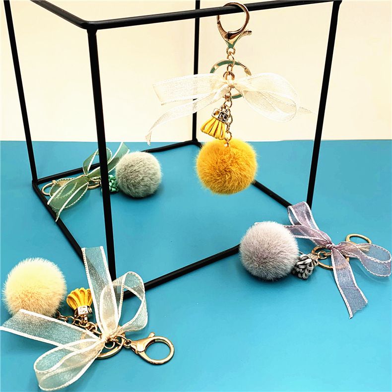 Cute bow key chain lace fur ball bag plush pendant cartoon car key chain small gift accessories YLE630