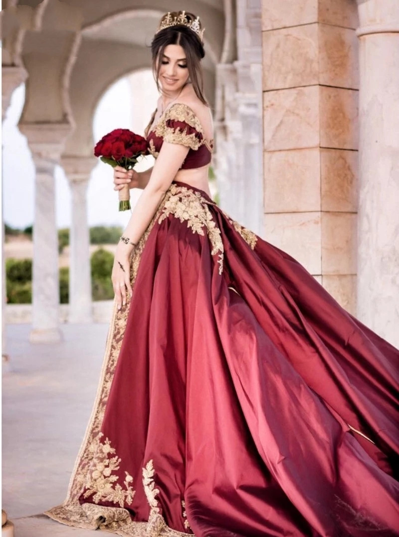 Traditional Tunisia Arabic Two Pieces Burgundy prom Dresses Applique gold lace Women Pants evening Gowns Outfits
