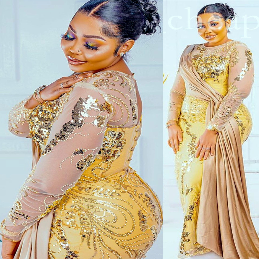 Arabic Aso Ebi Gold Sheath Prom Dresses Sequined Lace Evening Formal Party Second Reception Birthday Engagement Gowns Dress ZJ