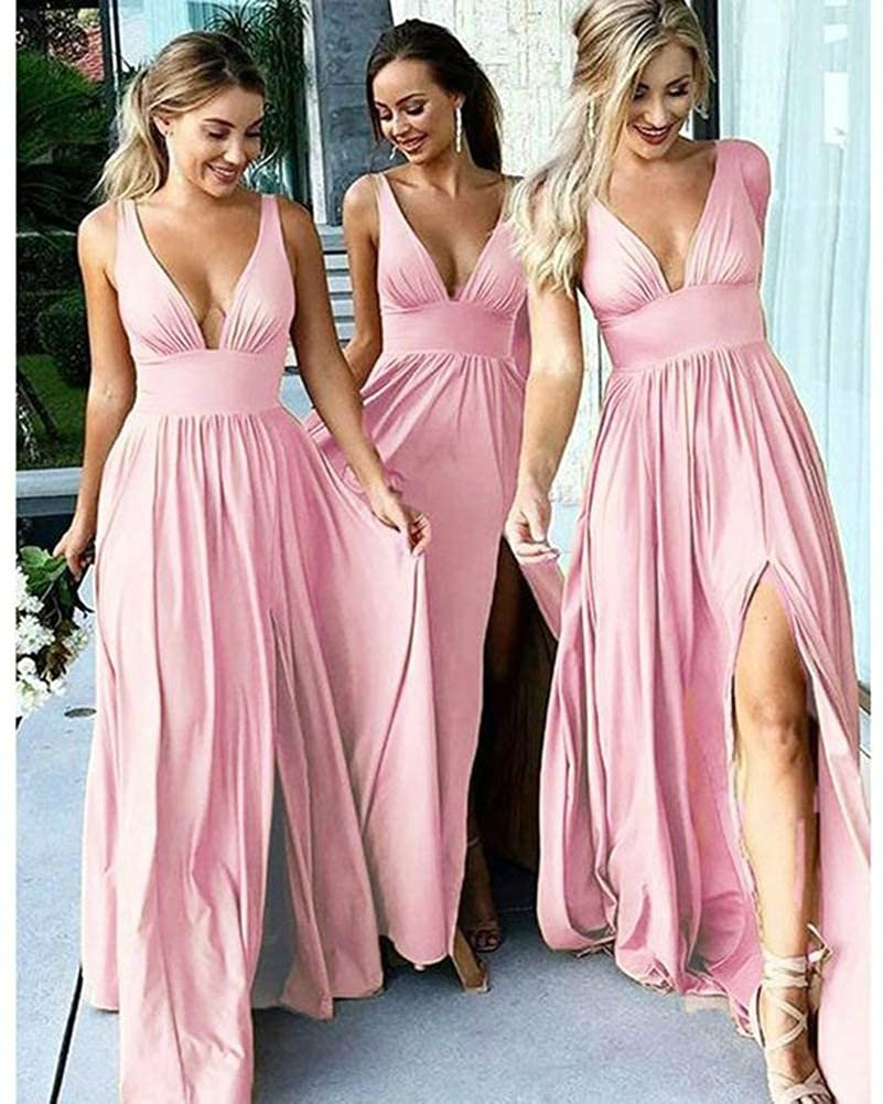 Bridesmaid Dresses Long V Neck Backless Split Prom Gowns for Women Party Evening Dress