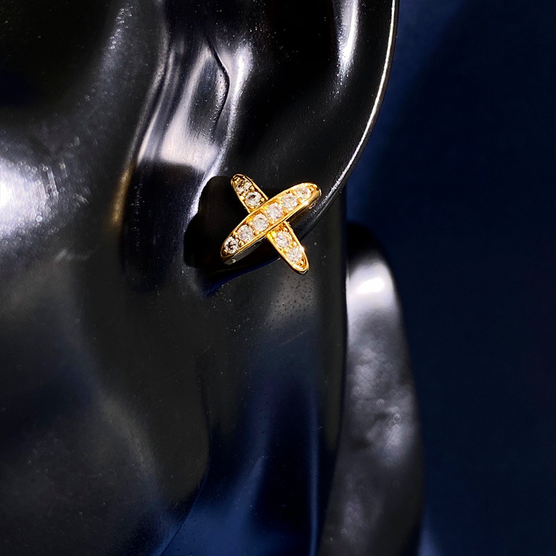 New arrive X letter character stud Earring full crystal for woman zircon Mosaic claw drilled smooth surface metal cross C-shaped stud female Gift