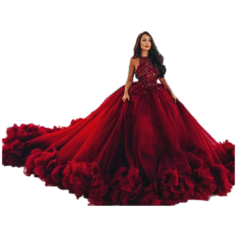 Cascading Ruffles Ball Gown Wedding Dresses Luxury Cathedral Train Vintage Dark Red Tulle Bridal Gowns Appliques Beaded Top Halter Robe De Marriage 20