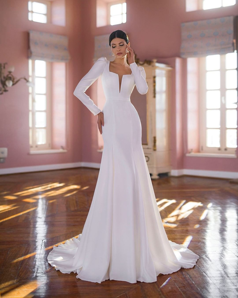 2023 Simple Satin Mermaid Wedding Dress Square Neck Full Sleeve Bride Gown Detachable Train Long Saudi Dubai Robe de Mariee