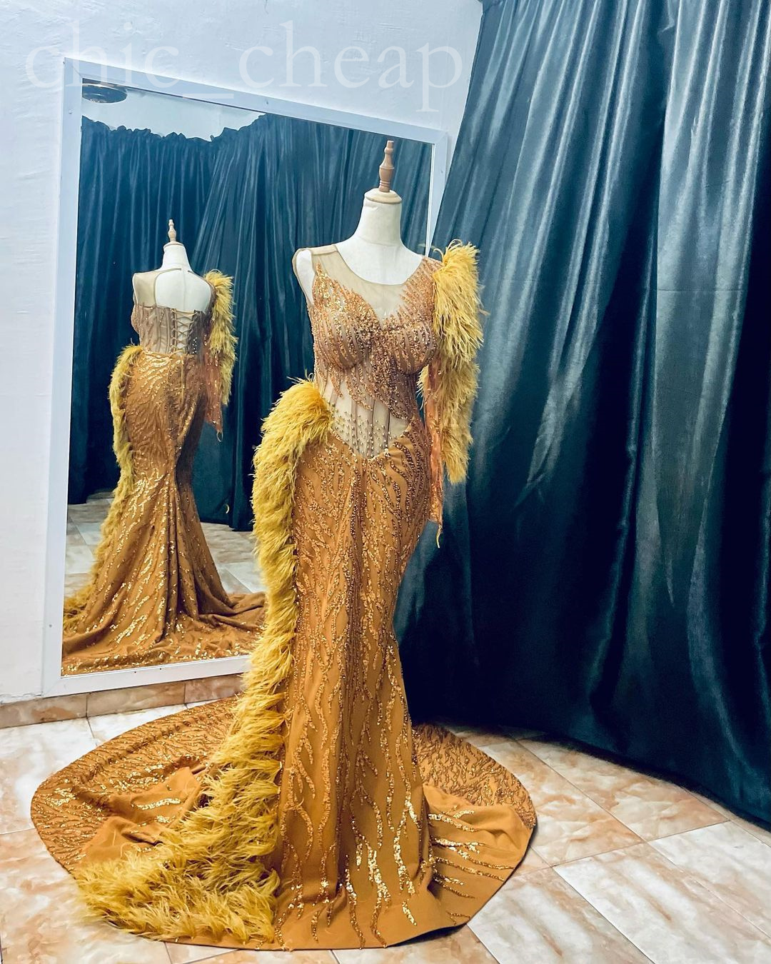 arabic aso ebi mermaid gold prom dresses sequined lace evening formal party second reception birthday engagement gowns dress zj732