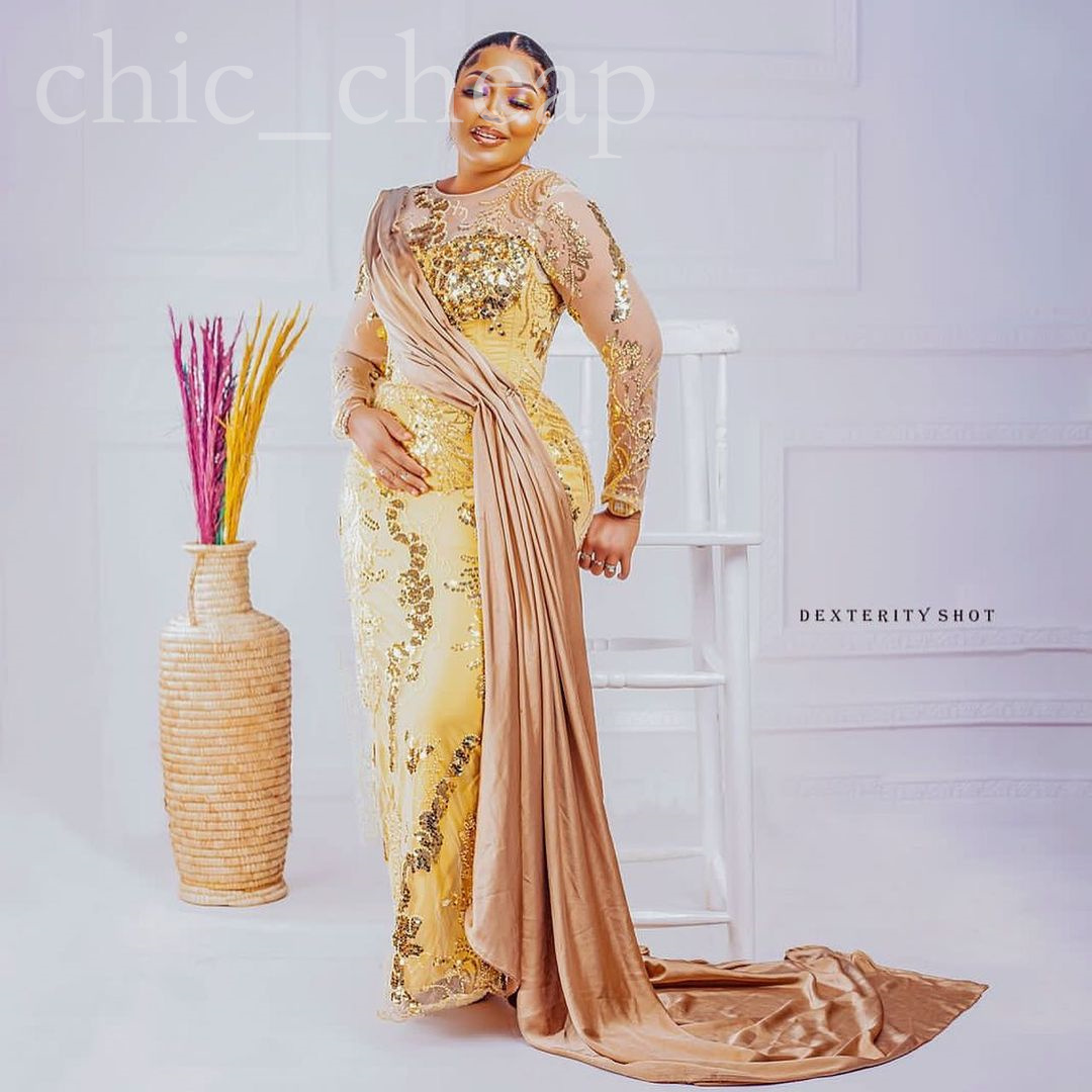 Arabic Aso Ebi Gold Sheath Prom Dresses Sequined Lace Evening Formal Party Second Reception Birthday Engagement Gowns Dress ZJ
