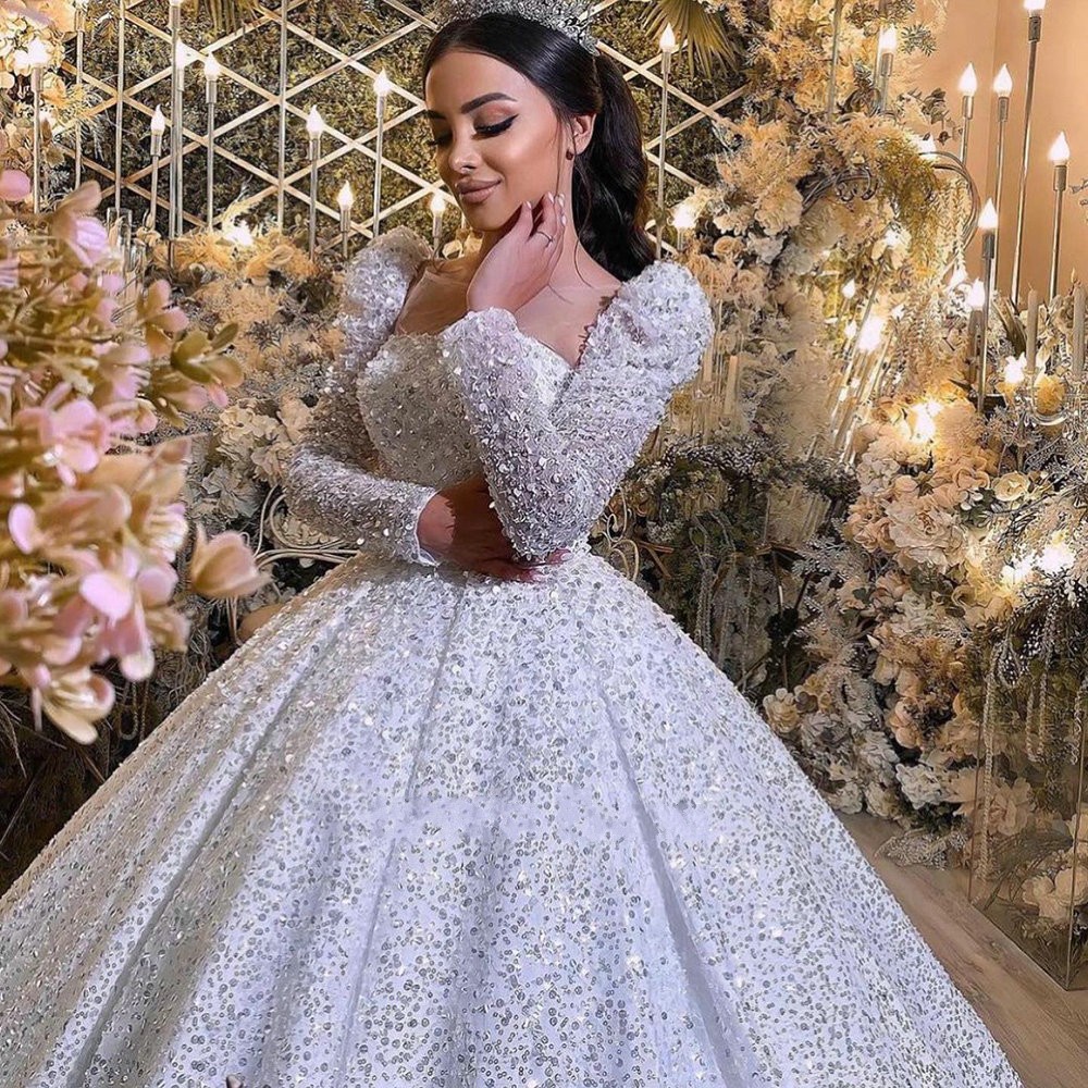 Princess Long Sleeve Sequined Beading Dubai Ball Gown Wedding Dress Illusion Square Collar Crystal Saudi Arabic Bridal Gown 2022 Vestidos Noiva Mariag