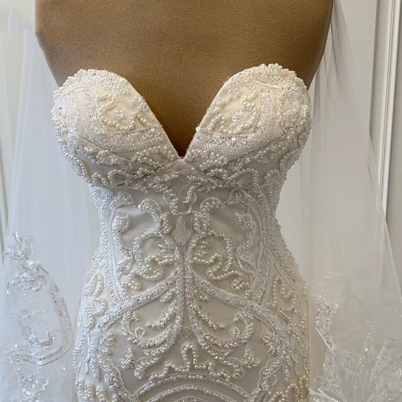 Modern Mermaid Wedding Dresses with Cape Train Pearls Applique Lace-up corset Arabic Bridal Gowns robe de mariee