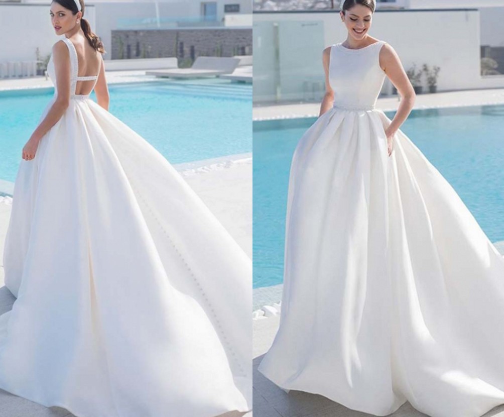 Simple Satin Wedding Dress O-neck Sleeveless With Pocket Long Bridal Gown Court Train Elegant Saudi Arabic Bride Dresses 2022 Robe de Mariee