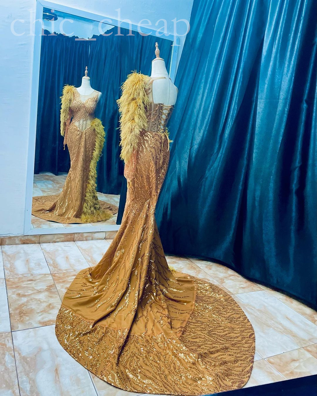 arabic aso ebi mermaid gold prom dresses sequined lace evening formal party second reception birthday engagement gowns dress zj732