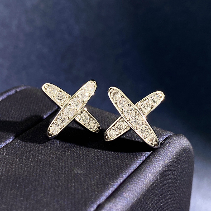 New arrive X letter character stud Earring full crystal for woman zircon Mosaic claw drilled smooth surface metal cross C-shaped stud female Gift